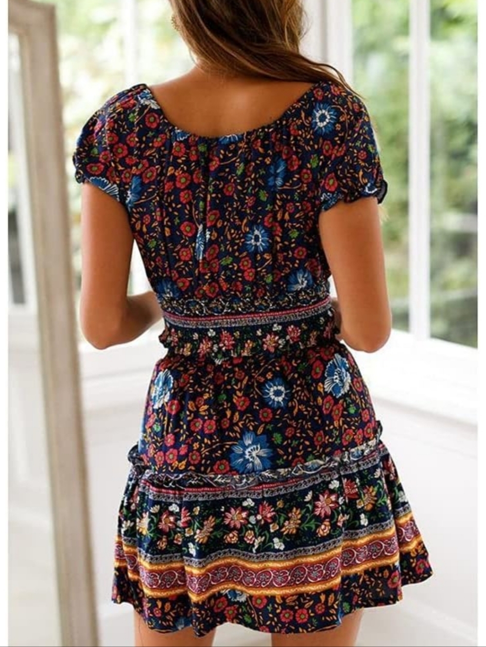 Simplee Womens Boho Floral Two-Piece Crop Top & Mini Skirt Set - Navy Sz L - Picture 5 of 10